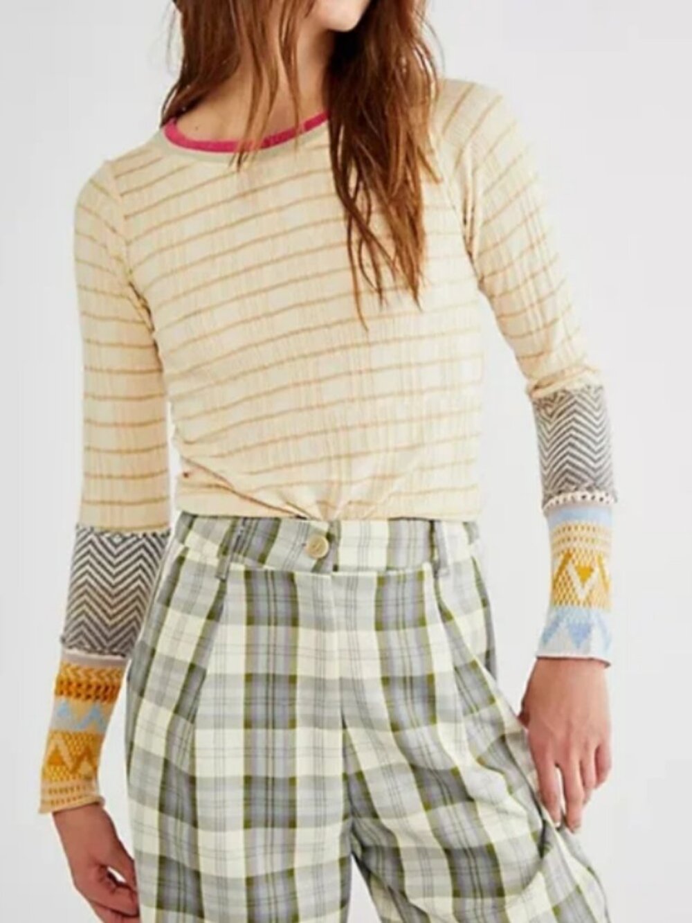 Free People We the Free Striped Alpine Cuff Waffle Thermal Tee Small Bohemian